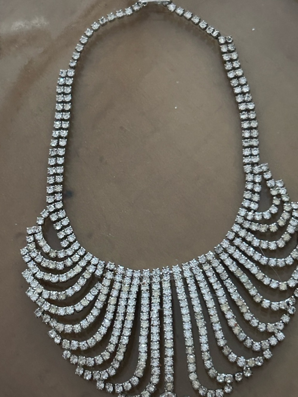 Vintage Rhinestone Statement Necklace - Silver Crystal Fringe